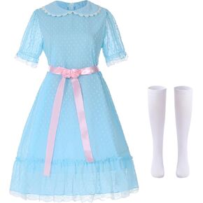 Women's Halloween Twin Costumes Blue Puff Sleeve Lolita Dress and Knee High Socks Creepy Sisters Cosplay Outfits