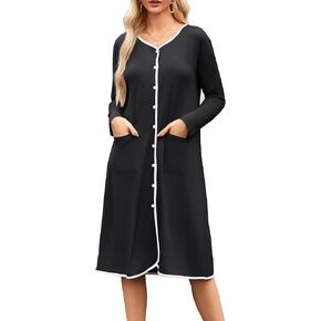 Ekouaer Nightgowns for Women Button Down Sleepshirt Long Sleeve Nightshirt V Neck Pajama Dress Nightdress with Pockets S-XXL