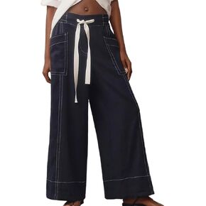 Women's Wide Leg Pants Loose Low Waist Drawstring Lounge Pants Casual Long Trousers with Pockets