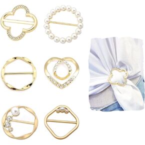 6 Pcs Silk Scarf Ring Shirt Clips，Clothing Ring Wrap Holder Fashion Round Metal Circle Clip Belt Buckle with Pearl Rhinestone For Lady Girls Women