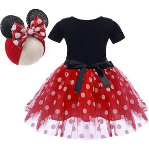 Red/Hot Pink Polka Birthday Outfit & Mouse Ears Headwrap for Infant & Baby Girls