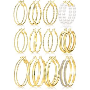 Gold Hoop Earrings Set for Women, 12 Pairs Hypoallergenic Large/Big Thin Thick Gold Hoops Earrings Loop Pack for Jewelry Gift 40mm/50mm