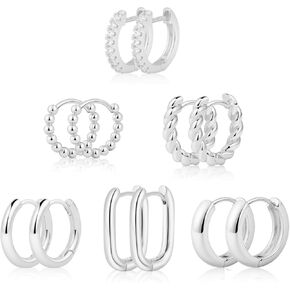 6 Pairs Silver Hoop Earrings for Women, Sterling Silver Chunky Earrings Set for Women, Small Huggie Hoop Earring Lightweight Jewelry for Women