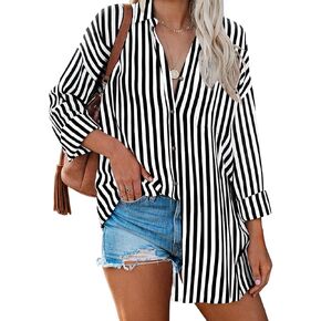 LILLUSORY Striped Button Down Shirts for Women 2024 Fall Long Sleeve V Neck Work Blouses Casual Loose Fit Dressy Tops