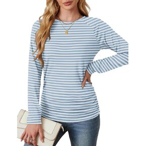 Saloogoe Womens Long Sleeve Shirts Dressy Casual Tops Crewneck Pleated Buttom Shirt