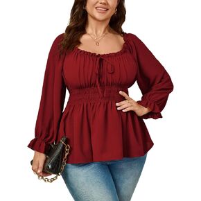 Womens Plus Size Tops Square Neck Long Sleeve Blouse Babydoll Ruffle Peplum Smocked Fall Top in Kuwait