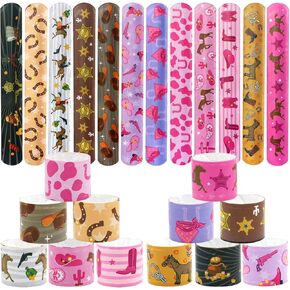 48pcs Western Cowgirl Cowboy Slap Bracelets Pink Girl Snap Bracelet Horse Disco Rodeo Bachelorette Let's Go Girls Horse Party Wristbands for Western Themed Party Decorations