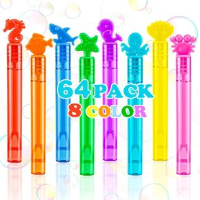 64 PCS Marine Animal Mini Bubble Wands, 8 Styles, 8 Shapes, Party Fun for Kids, Summer Outdoor Gift Toys, Themed Birthday Parties, Game prizes, Goodie Bags, Beach Toys or Indoor Bath Toys
