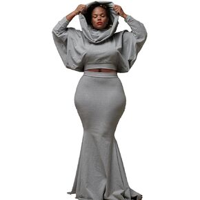 Skirt Sets Women 2 Piece Outfits Sexy Long Batwing Sleeve Hooded Shirt Tops with High Waist Mermaid Maxi Skirt Set