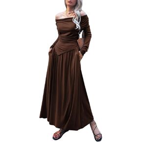 طقم تنورة مكون من قطعتين للنساء مكشكش وأكمام طويلة مكشوفة الأكتاف تنانير طويلة متماسكة لخريف 2024 مجموعات مطابقة مع جيب in Kuwait