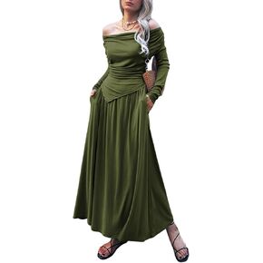 2 Piece Skirt Set for Women Ruched Long Sleeve Off Shoulder Tops Knit Maxi Skirts 2024 Fall Matching Sets with Pocket