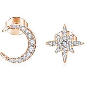 Moon Star Earrings for Women 925 Sterling Silver White/Rose/Yellow Gold Plated Asymmetrical Stud Earrings
