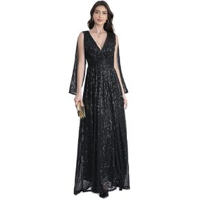 Women's Sequins Deep V Fashion Slit Shoulder Maxi Dresses Formal Evening Gowns.