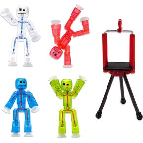 Zing Stikbot 4 Pack with Tripod, Set of 4 Stikbot Collectable Action Figures and Mobile Phone Tripod, Create Stop Motion Animation