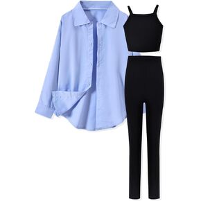 HIHA Girls 3 Piece Outfit Cami Top Legging Pants Set with Button Down Shirt