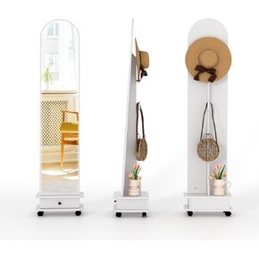 Full Length Mirror with Drawer, Arched Full Length Mirror on Rolling Wheels，Full Length Mirror with Stand, Floor Length Mirror for Bedroom Living Room Dressing Room.