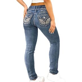 Flamingals Women's Boot Cut Jeans Butt Lifting Stretch Jeans Embroidered Skinny Leg Mid Rise Double Button Jeans