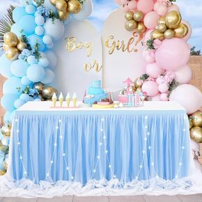 6ft Pink Tulle Table Skirt for Rectangle Tables or Round Tables with LED Lights Baby Shower Tablecloth Tutu Table Skirts for Princess Girl Birthday Party Cake Dessert Table Decorations