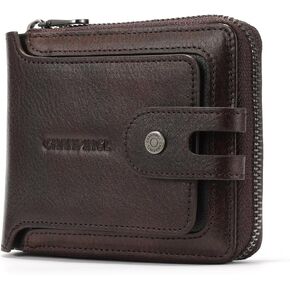 Men's brand buckle driver's license zipper genuine leather wallet, large capacity, multifunctional coin pocket (Yellowish brown)