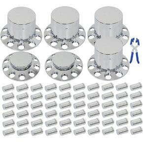 2 Front + 4 Rear 33mm Lug Nut Chrome Hub Cover Kit Wheel Axle Covers Replacement for Semi Truck