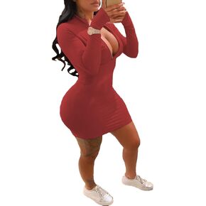 TINYHI Front Zipper Bodycon Dress Party Long-Sleeve Club Dresses