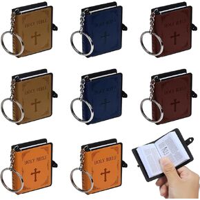 8 Pieces Holy Bible Book Leather Keychain Mini English Bible Key Chain Believer Keyring