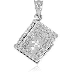 Religious Jewelry .925 Sterling Silver 5/8" 3D Hinged Book with Pages Holy Bible with Lord s Prayer Bottonee Cross Pendant Charm