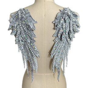 Wings Sequins Guardian Angels Patches Rhinestone Applique On for Clothes Jackets Jeans Dress DIY Decoration,1 Pair (White Silver)
