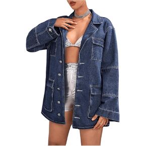 MakeMeChic Women's Lapel Button Down Cargo Denim Jacket Loose Y2K Outerwear with Pocket