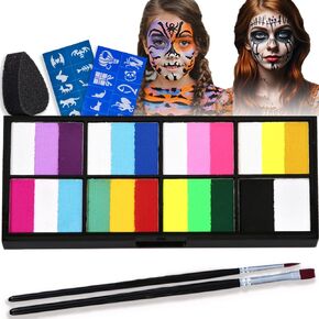 Face Painting Kit - Professional Rainbow Split Cake for Body & Face Makeup, Water Activated, 12 x 10g, with Stickers, Brushes, Sponges, for Halloween, Christmas, Easter, Parties