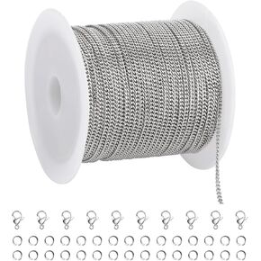 SMYHTGLIF 10 Meters Silver Stainless Steel Chain Thin Paperclip Jewelry Making Chains DIY Chain Spool with Lobster Clasps and Open Jump Rings for Jewelry Making