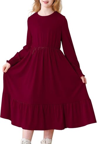 Girls Long Sleeve Dress A Line Fall Winter Dresses Ruffle Hem Kids Casual Holiday Christmas Dress in Saudi Arabia