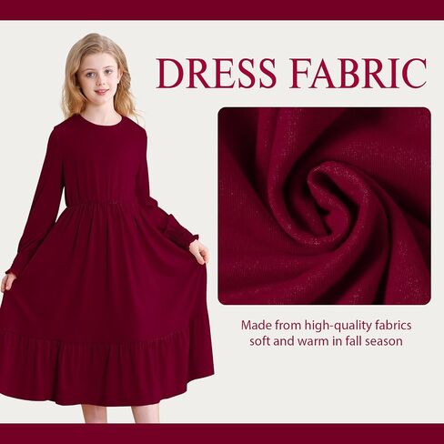 Girls Long Sleeve Dress A Line Fall Winter Dresses Ruffle Hem Kids Casual Holiday Christmas Dress in Saudi Arabia