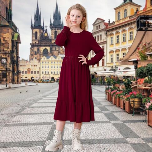 Girls Long Sleeve Dress A Line Fall Winter Dresses Ruffle Hem Kids Casual Holiday Christmas Dress in Saudi Arabia