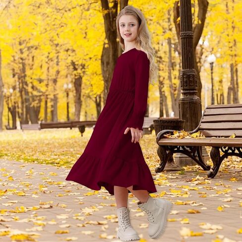 Girls Long Sleeve Dress A Line Fall Winter Dresses Ruffle Hem Kids Casual Holiday Christmas Dress in Saudi Arabia