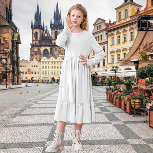Girls Long Sleeve Dress A Line Fall Winter Dresses Ruffle Hem Kids Casual Holiday Christmas Dress in Saudi Arabia