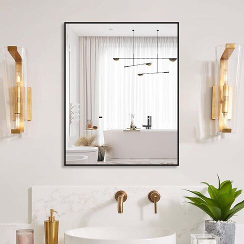 مرآة حائط كبيرة من بيوتمي مقاس 60 × 36 بوصة، مرآة حمام، مرآة زينة بإطار معدني، يمكن استخدامها لتزيين المنزل، مرآة مستطيلة للجدار، تعليق أفقي أو رأسي. (أسود) in Kuwait