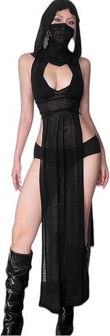 Sleeveless Gothic Hooded Maxi Dress Side Split Y2K Punk Sexy Fringe Bodycon Dresses for Women Club Night Out in Saudi Arabia