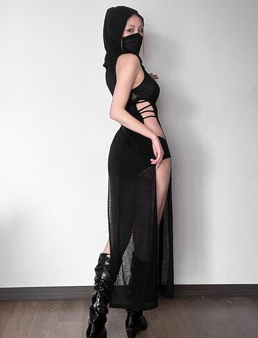 Sleeveless Gothic Hooded Maxi Dress Side Split Y2K Punk Sexy Fringe Bodycon Dresses for Women Club Night Out in Saudi Arabia