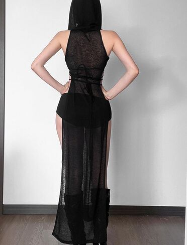Sleeveless Gothic Hooded Maxi Dress Side Split Y2K Punk Sexy Fringe Bodycon Dresses for Women Club Night Out in Saudi Arabia
