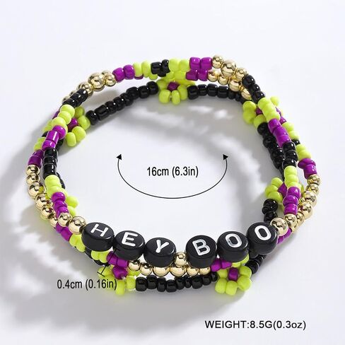 Handmade Halloween Multi-layered Beaded Bracelet for Women Black Orange Purple Colorful Halloween Thanksgiving Christmas Gifts Elastic Funny Pumpkin Ghost Halloween Bracelet in Saudi Arabia