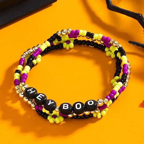 Handmade Halloween Multi-layered Beaded Bracelet for Women Black Orange Purple Colorful Halloween Thanksgiving Christmas Gifts Elastic Funny Pumpkin Ghost Halloween Bracelet in Saudi Arabia