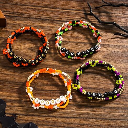 Handmade Halloween Multi-layered Beaded Bracelet for Women Black Orange Purple Colorful Halloween Thanksgiving Christmas Gifts Elastic Funny Pumpkin Ghost Halloween Bracelet in Saudi Arabia