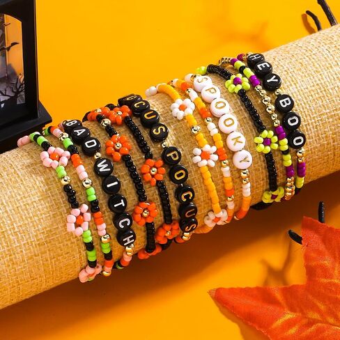 Handmade Halloween Multi-layered Beaded Bracelet for Women Black Orange Purple Colorful Halloween Thanksgiving Christmas Gifts Elastic Funny Pumpkin Ghost Halloween Bracelet in Saudi Arabia