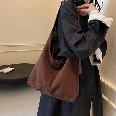 Suede Hobo Bag Slouchy Bags for Women Brown Tote Handbag Large Work Bag Retro Suede Shoulder Bag Travel Shopping Bag in Saudi Arabia