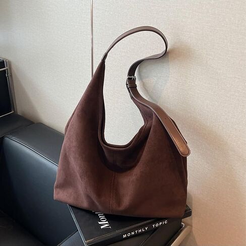 Suede Hobo Bag Slouchy Bags for Women Brown Tote Handbag Large Work Bag Retro Suede Shoulder Bag Travel Shopping Bag in Saudi Arabia