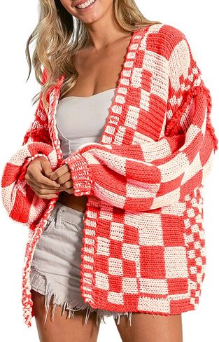 SELINK Women's Cardigan Sweater Vintage Open Front Mixed Checkered Pattern Chunky Knit Plaid Long Sleeve Daily Outwear in Saudi Arabia
