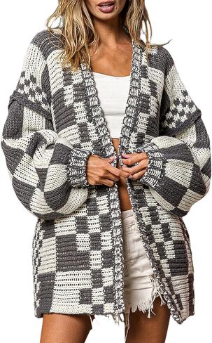 SELINK Women's Cardigan Sweater Vintage Open Front Mixed Checkered Pattern Chunky Knit Plaid Long Sleeve Daily Outwear in Saudi Arabia