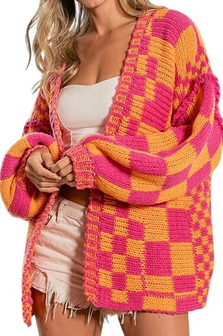SELINK Women's Cardigan Sweater Vintage Open Front Mixed Checkered Pattern Chunky Knit Plaid Long Sleeve Daily Outwear in Saudi Arabia