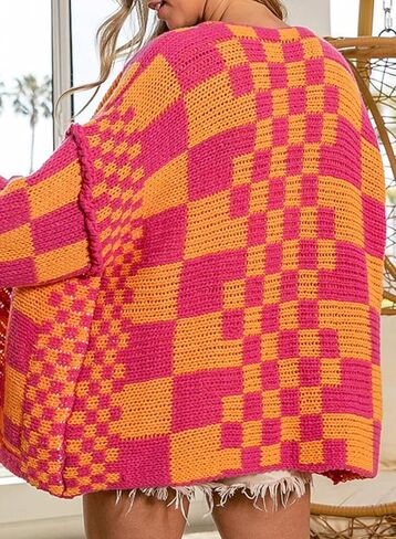 SELINK Women's Cardigan Sweater Vintage Open Front Mixed Checkered Pattern Chunky Knit Plaid Long Sleeve Daily Outwear in Saudi Arabia